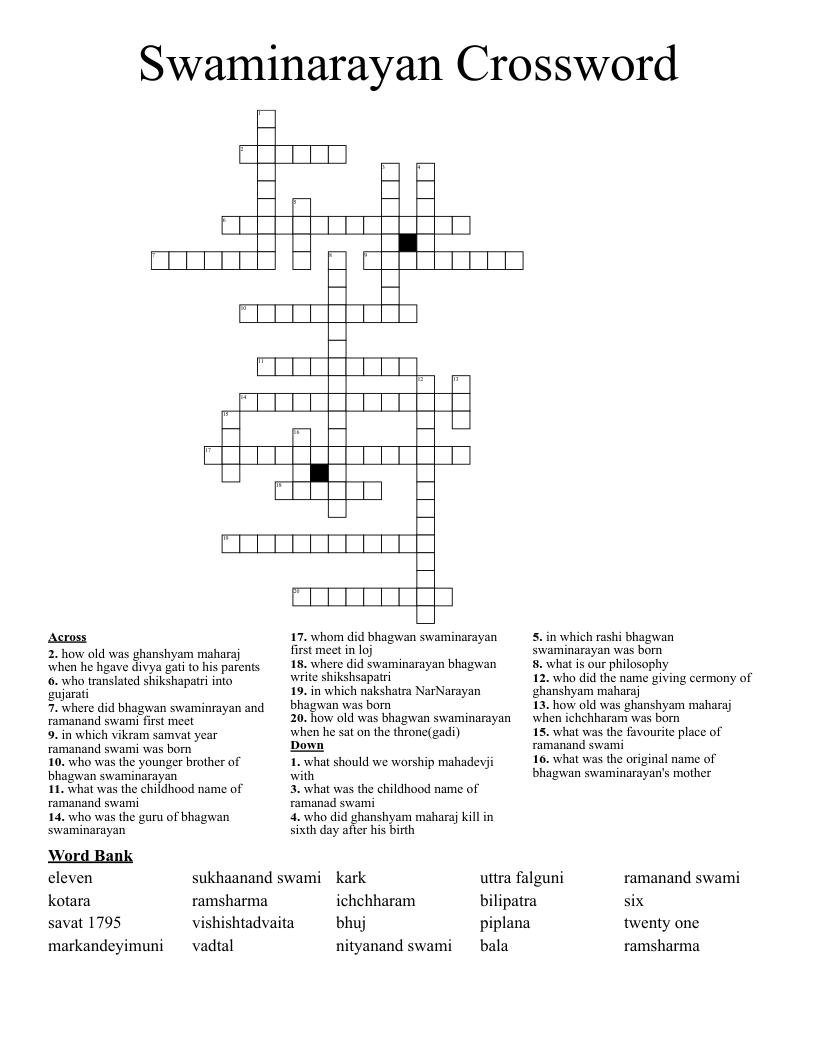 Swaminarayan Crossword