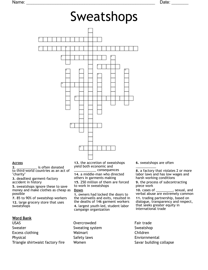 Sweatshops Crossword