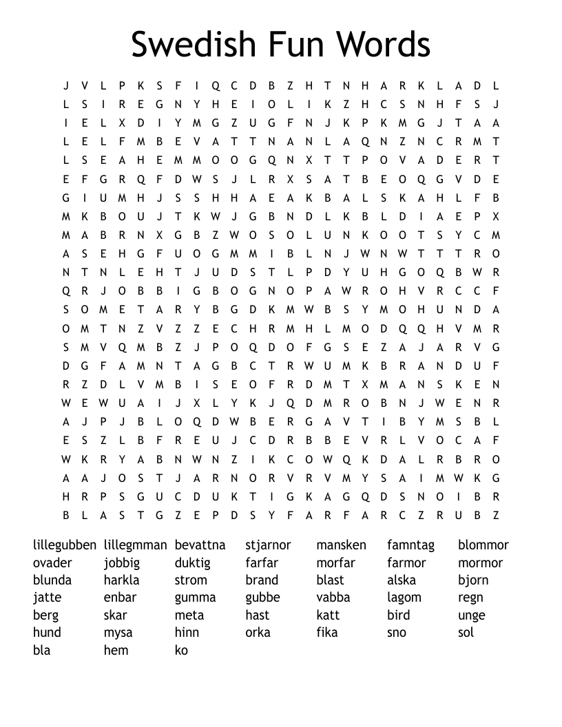 Swedish Fun Words Word Search