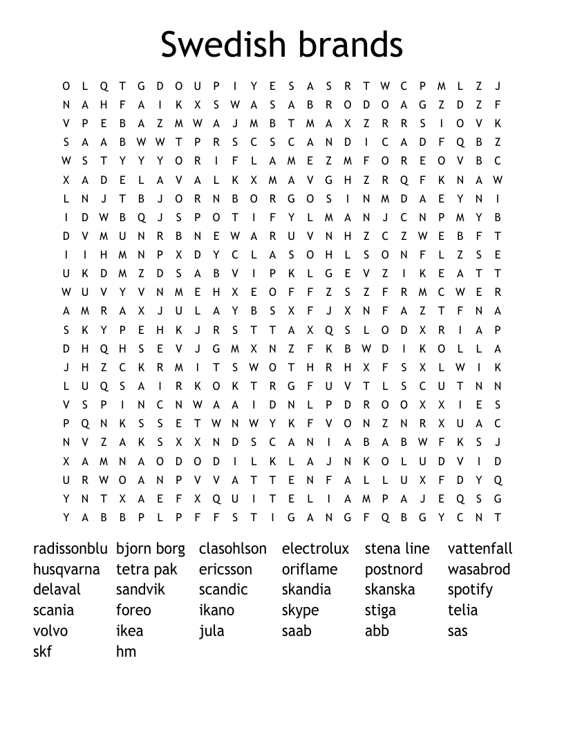 Swedish brands Word Search