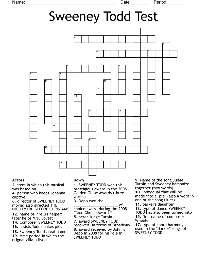 Sweeney Todd Test Crossword