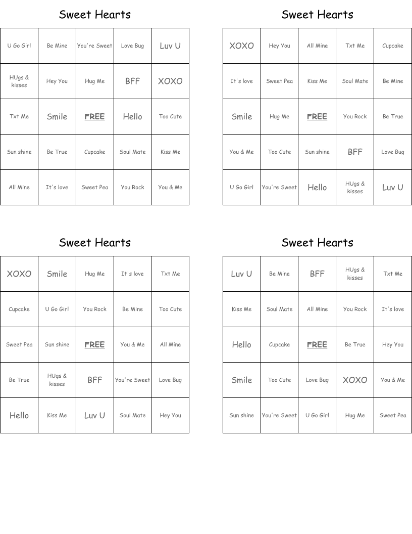 Sweet Hearts  Bingo Cards