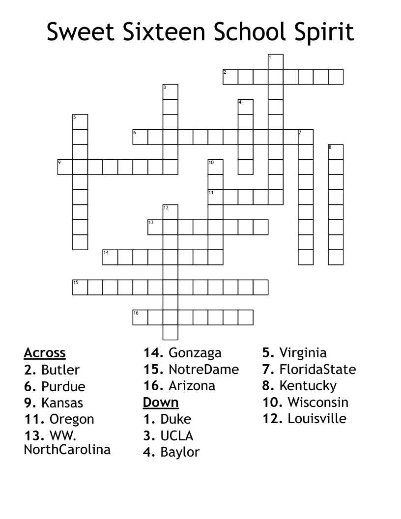 Sweet Sixteen School Spirit Crossword