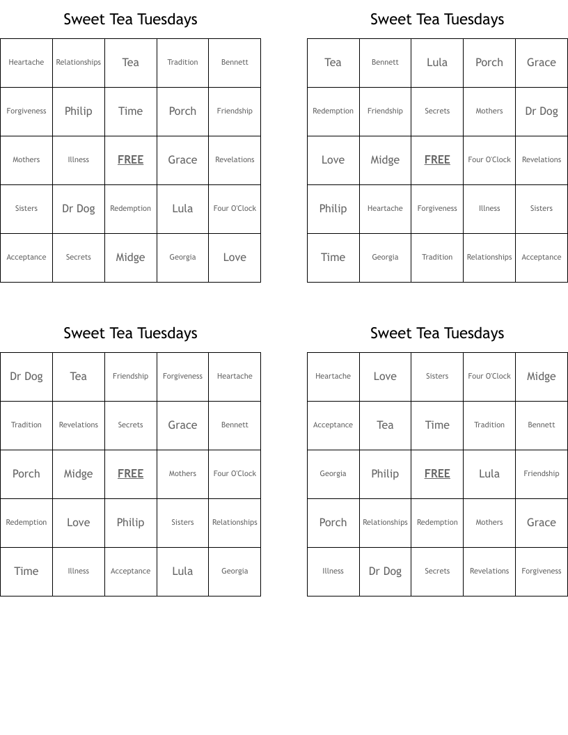 Sweet Tea Tuesdays Bingo Cards
