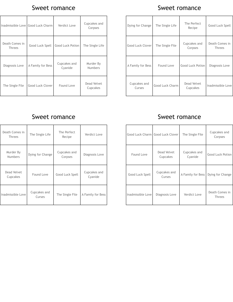 Sweet romance  Bingo Cards