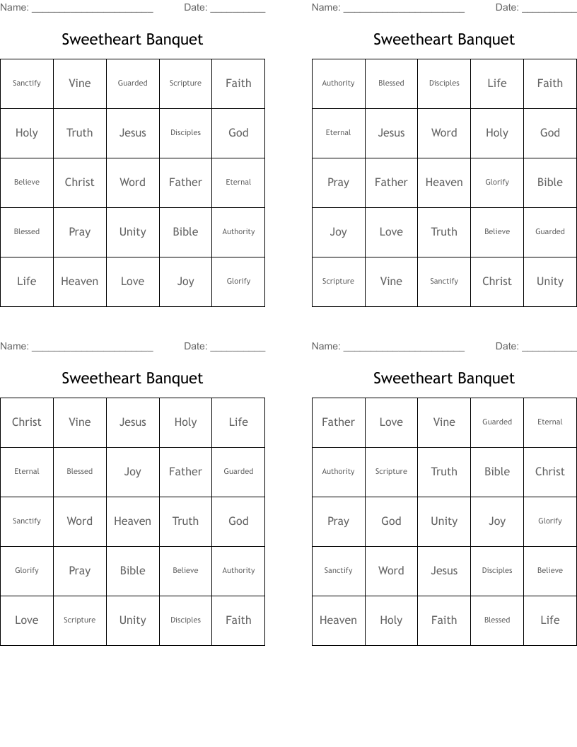 Sweetheart Banquet Bingo Cards