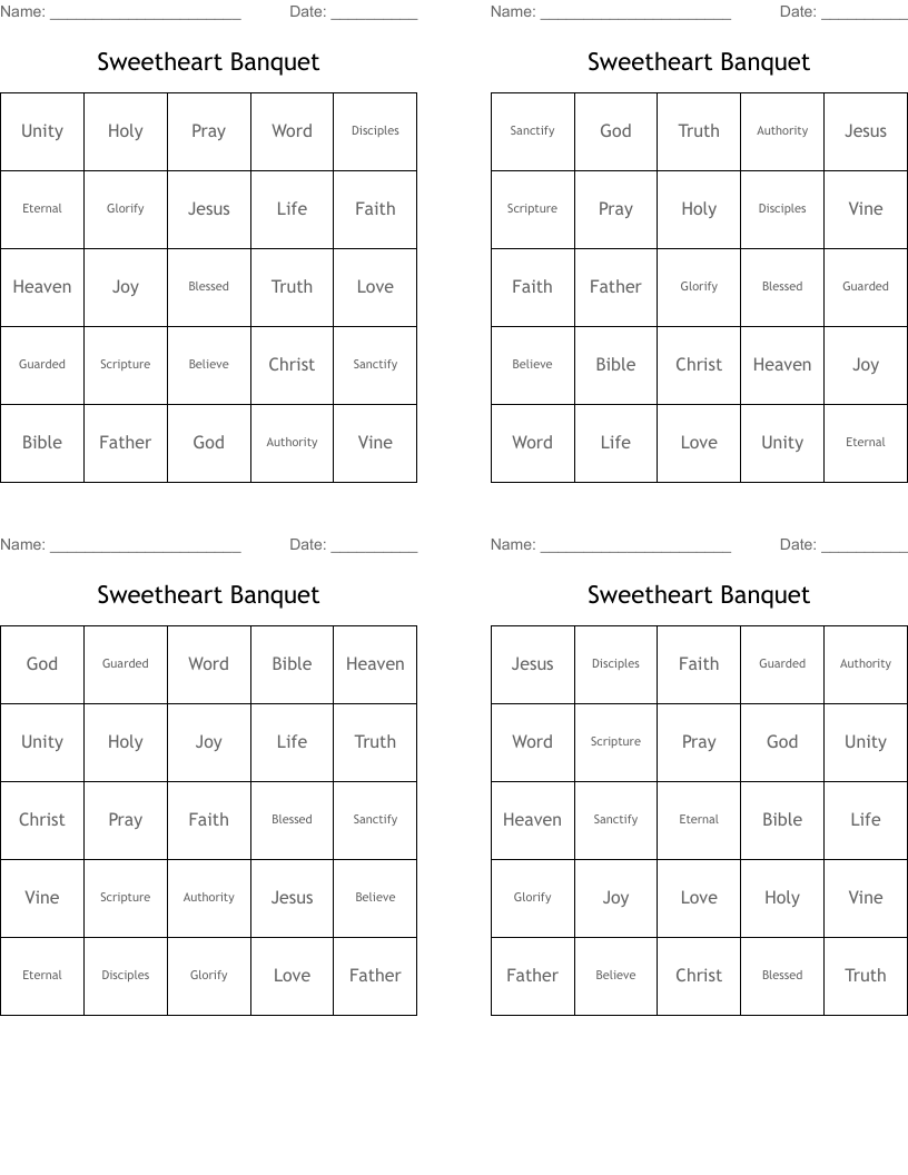 Sweetheart Banquet Bingo Cards