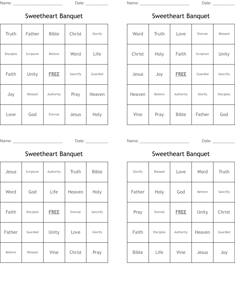 Sweetheart Banquet Bingo Cards
