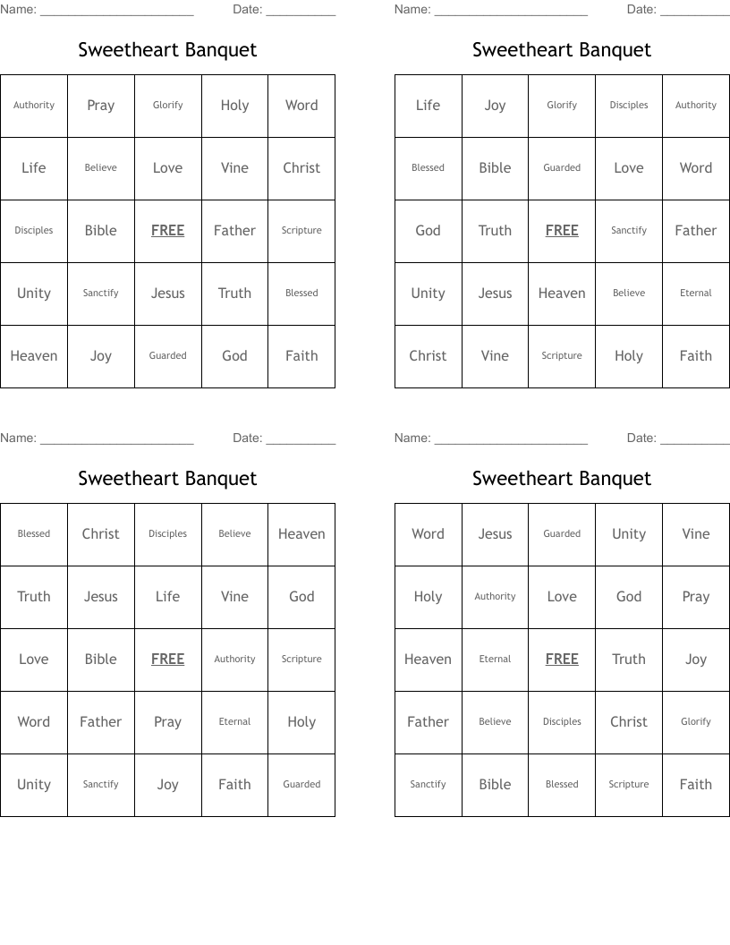 Sweetheart Banquet Bingo Cards