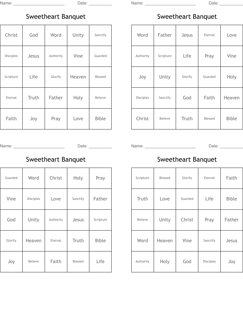 Sweetheart Banquet Bingo Cards