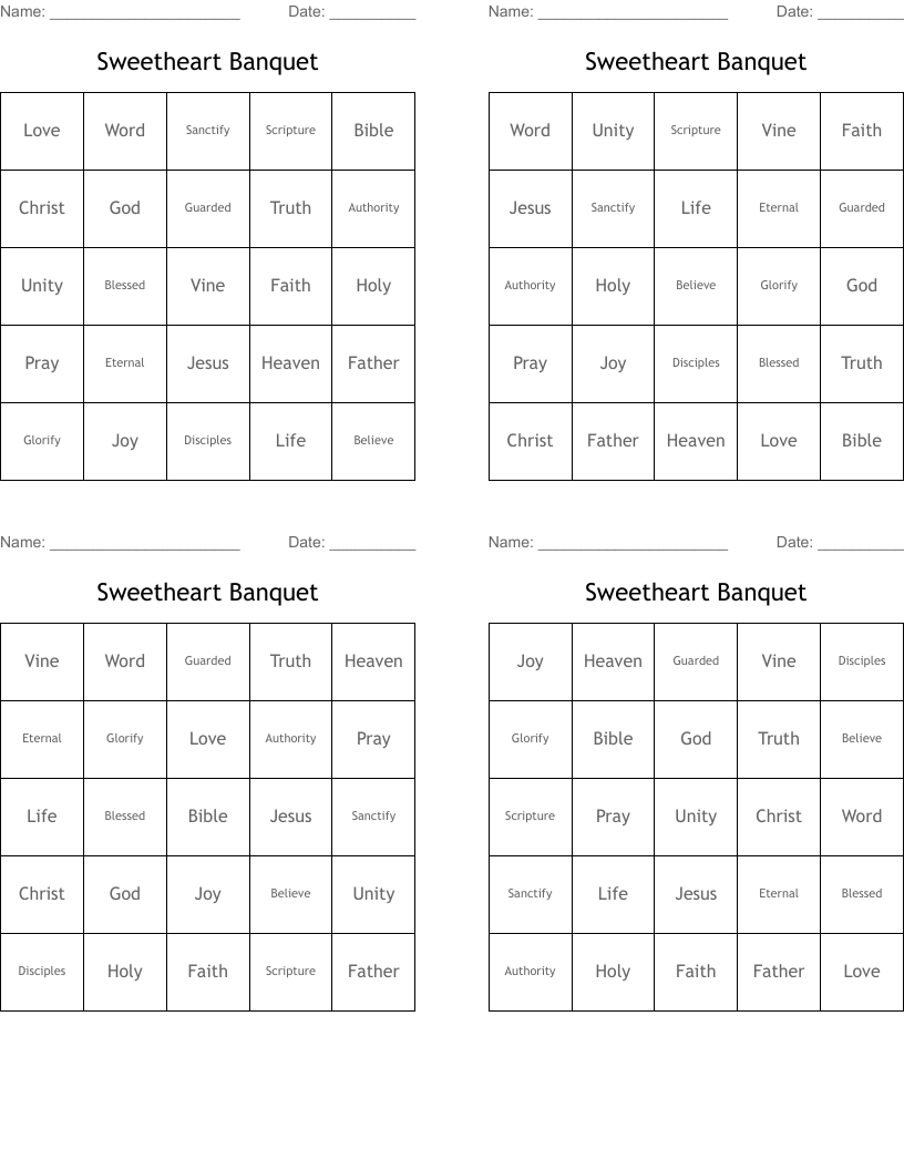 Sweetheart Banquet Bingo Cards