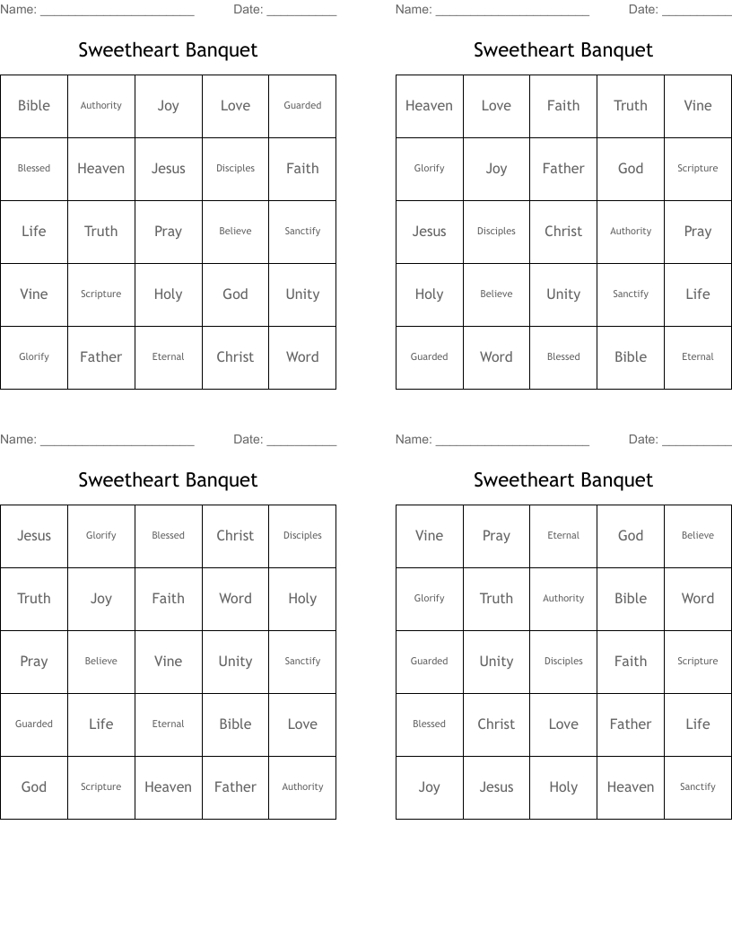 Sweetheart Banquet Bingo Cards