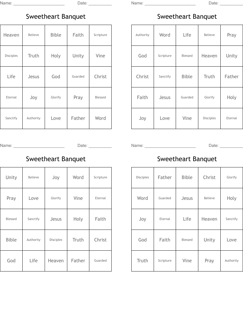 Sweetheart Banquet Bingo Cards