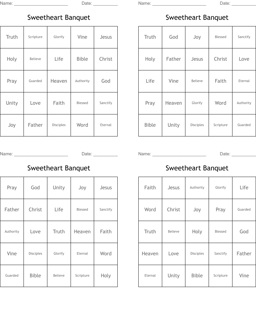 Sweetheart  Banquet Bingo Cards
