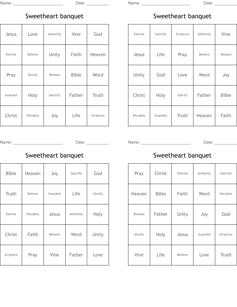 Sweetheart banquet Bingo Cards