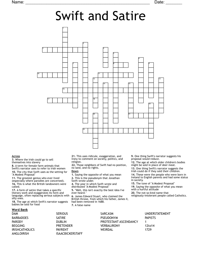 Swift and Satire Crossword
