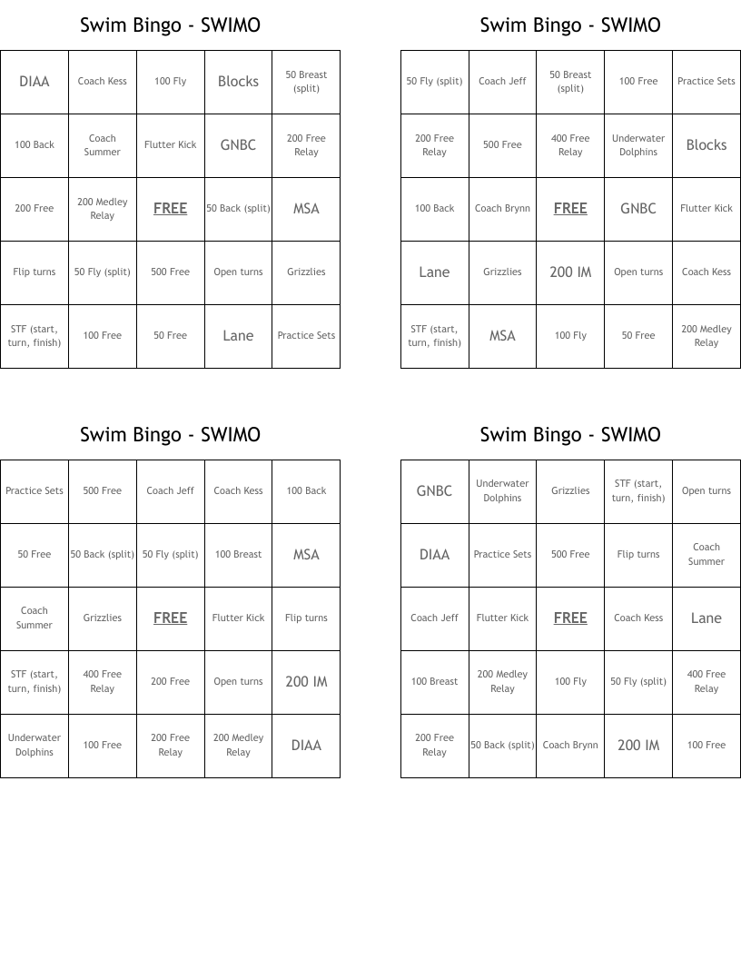 Swim Bingo - SWIMO