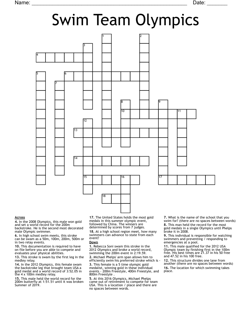Swim Team Olympics Crossword