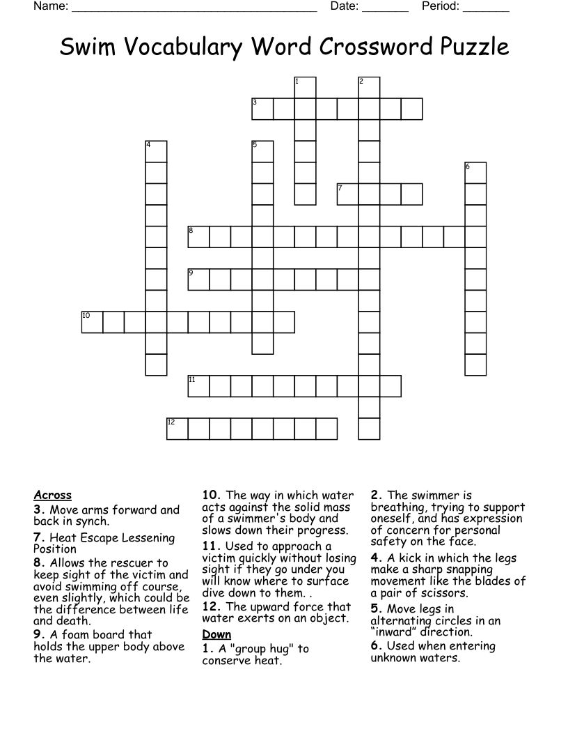 Swim Vocabulary Word Crossword Puzzle