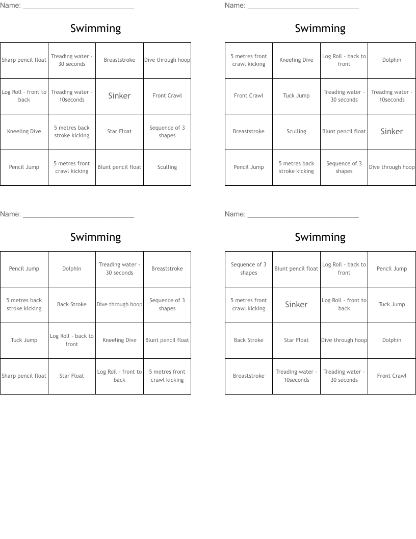 Swimming Bingo Cards