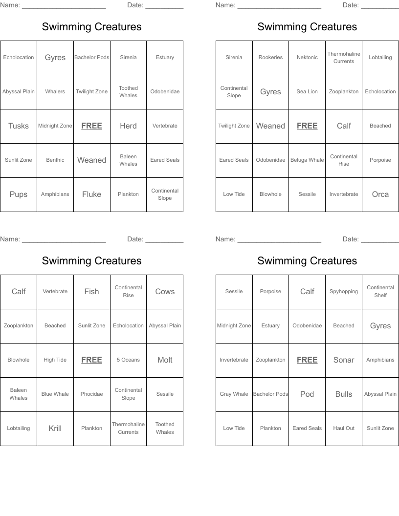Swimming Creatures Bingo Cards
