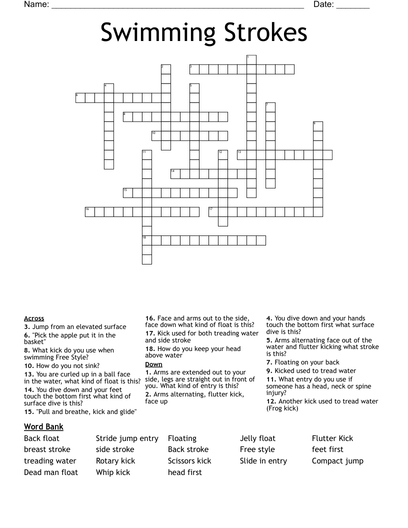 Swimming Strokes  Crossword