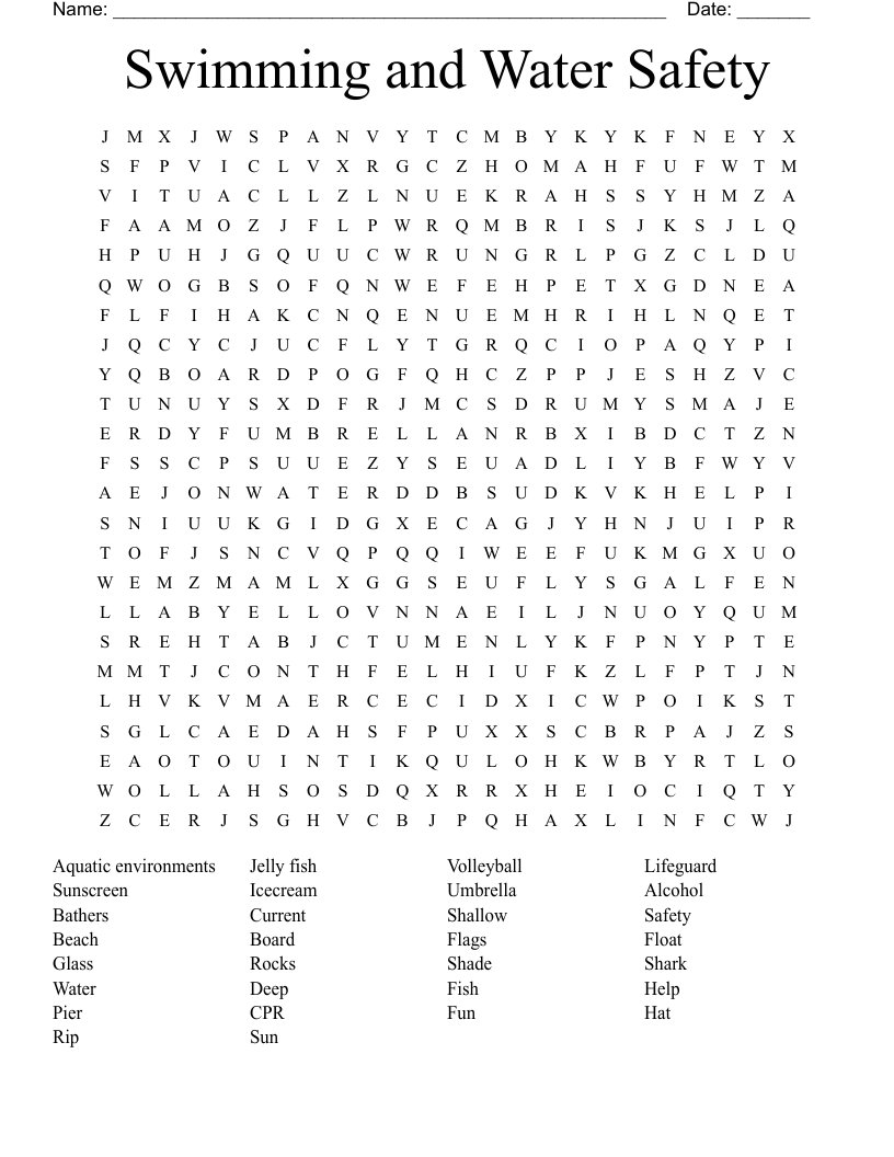 Swimming and Water Safety Word Search