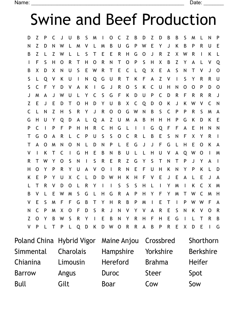 Swine and Beef Production Word Search