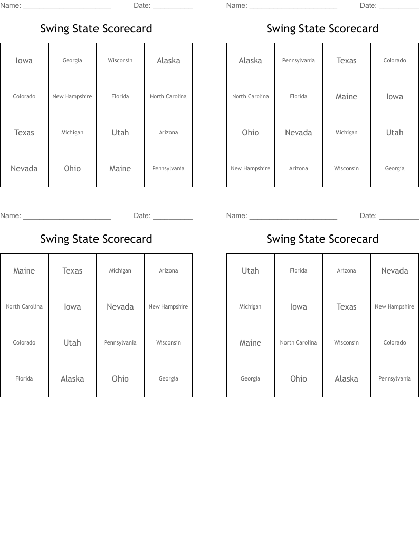 Swing State Scorecard Bingo Cards