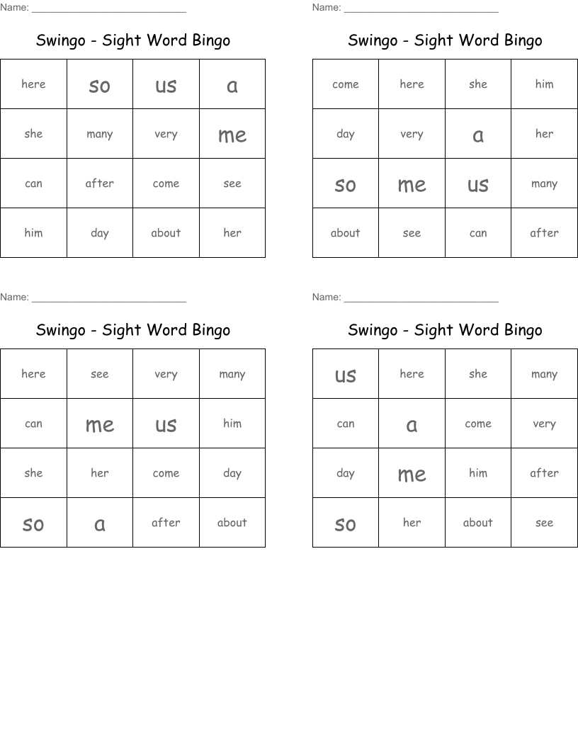 Swingo - Sight Word Bingo