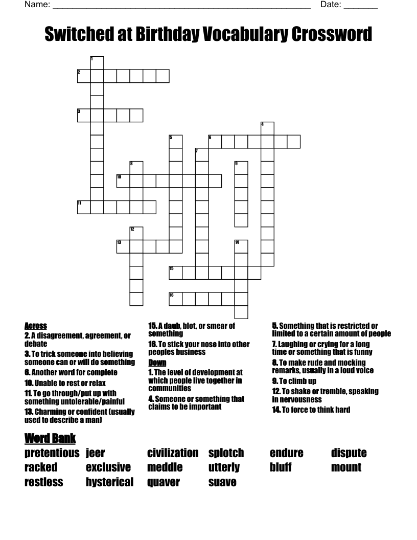Switched at Birthday Vocabulary Crossword 