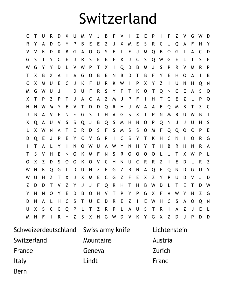 Switzerland Word Search