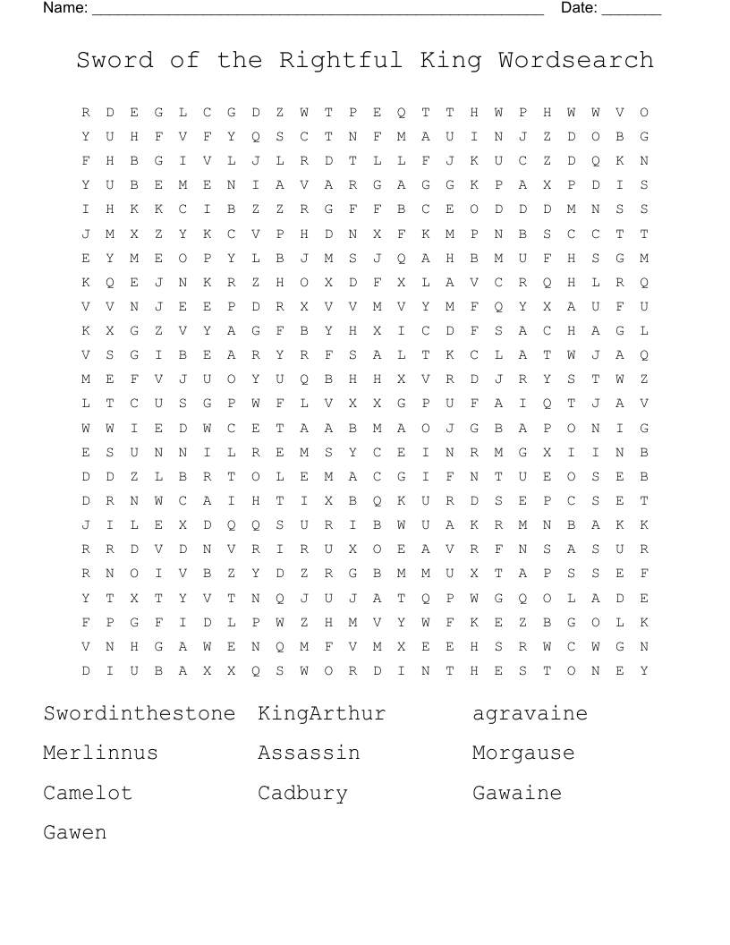 Sword of the Rightful King Wordsearch