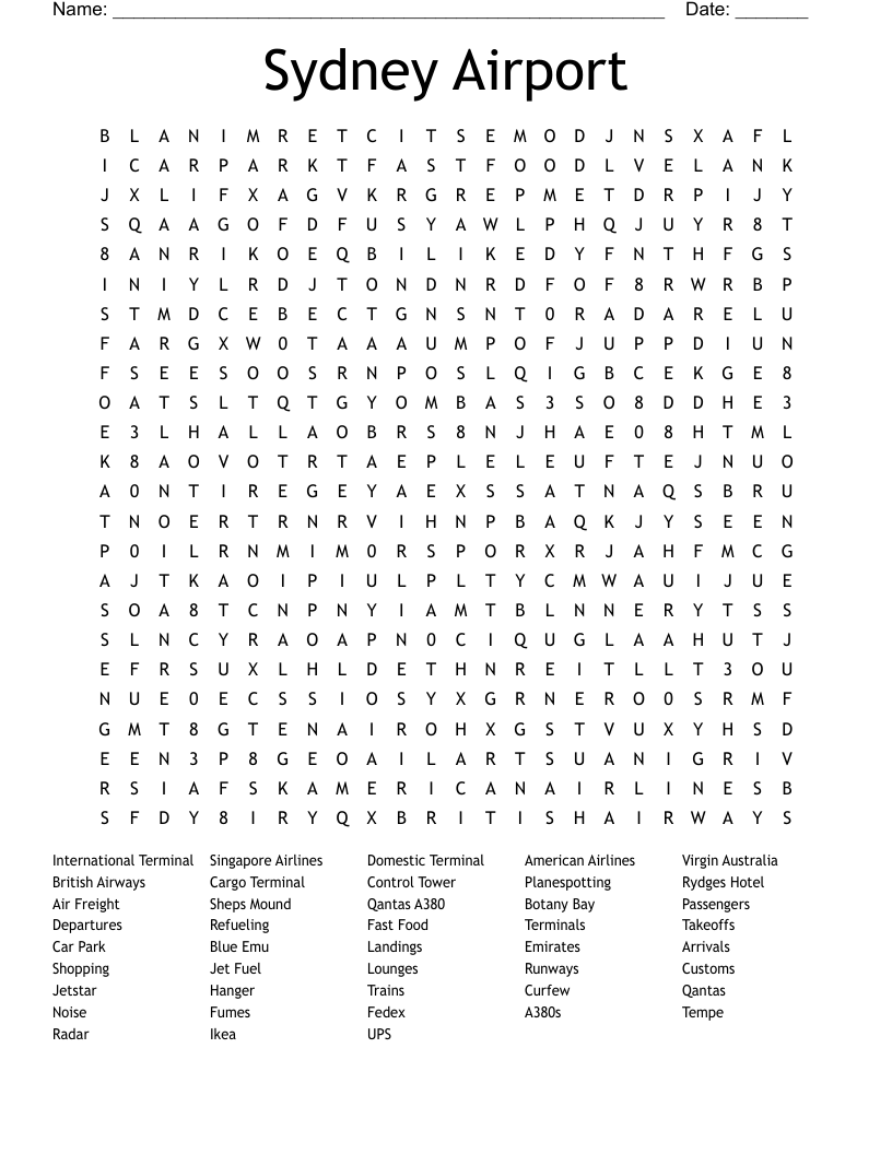 Sydney Airport Word Search