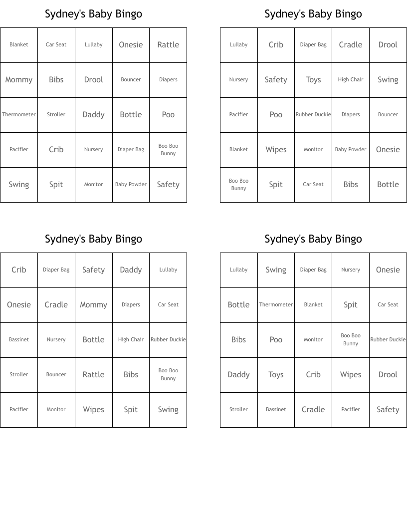Sydney's Baby Bingo
