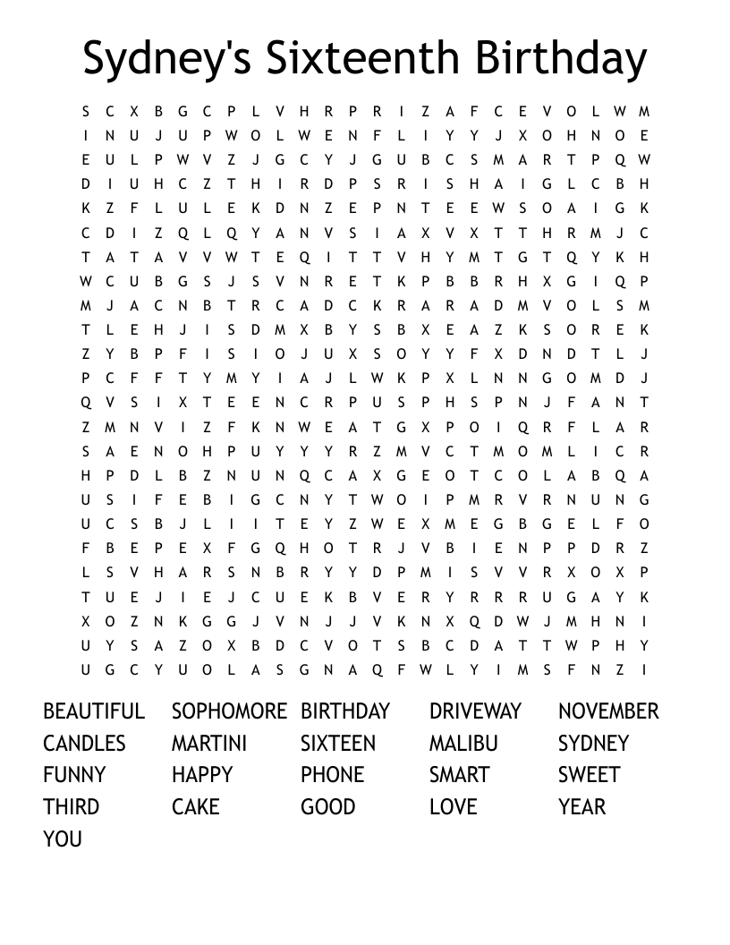 Sydney's Sixteenth Birthday Word Search