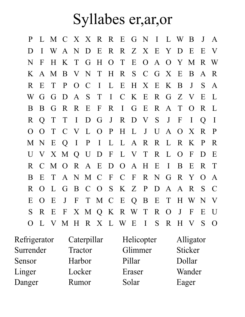 Syllabes er,ar,or Word Search