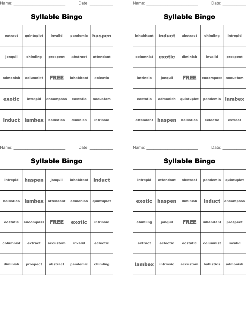 Syllable Bingo