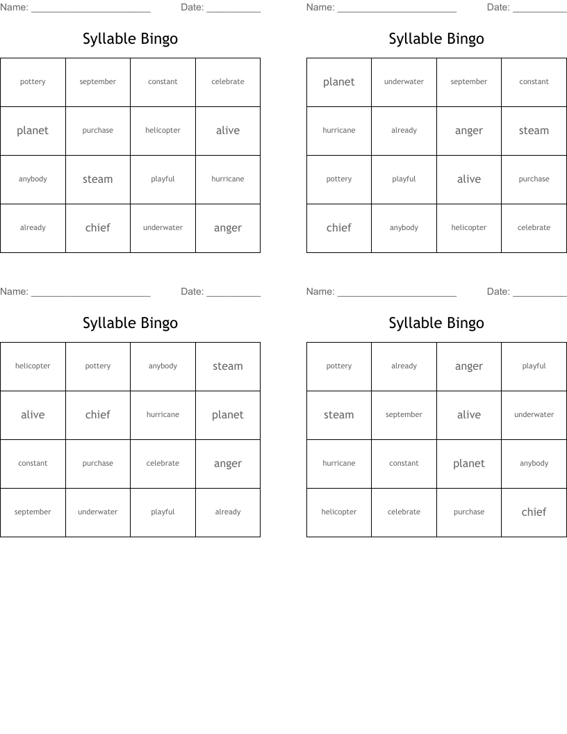 Syllable Bingo