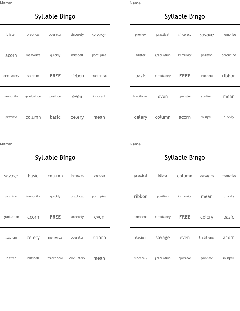 Syllable Bingo