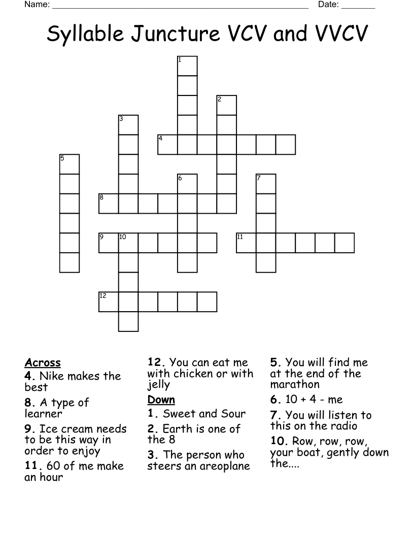 Syllable Juncture VCV and VVCV  Crossword