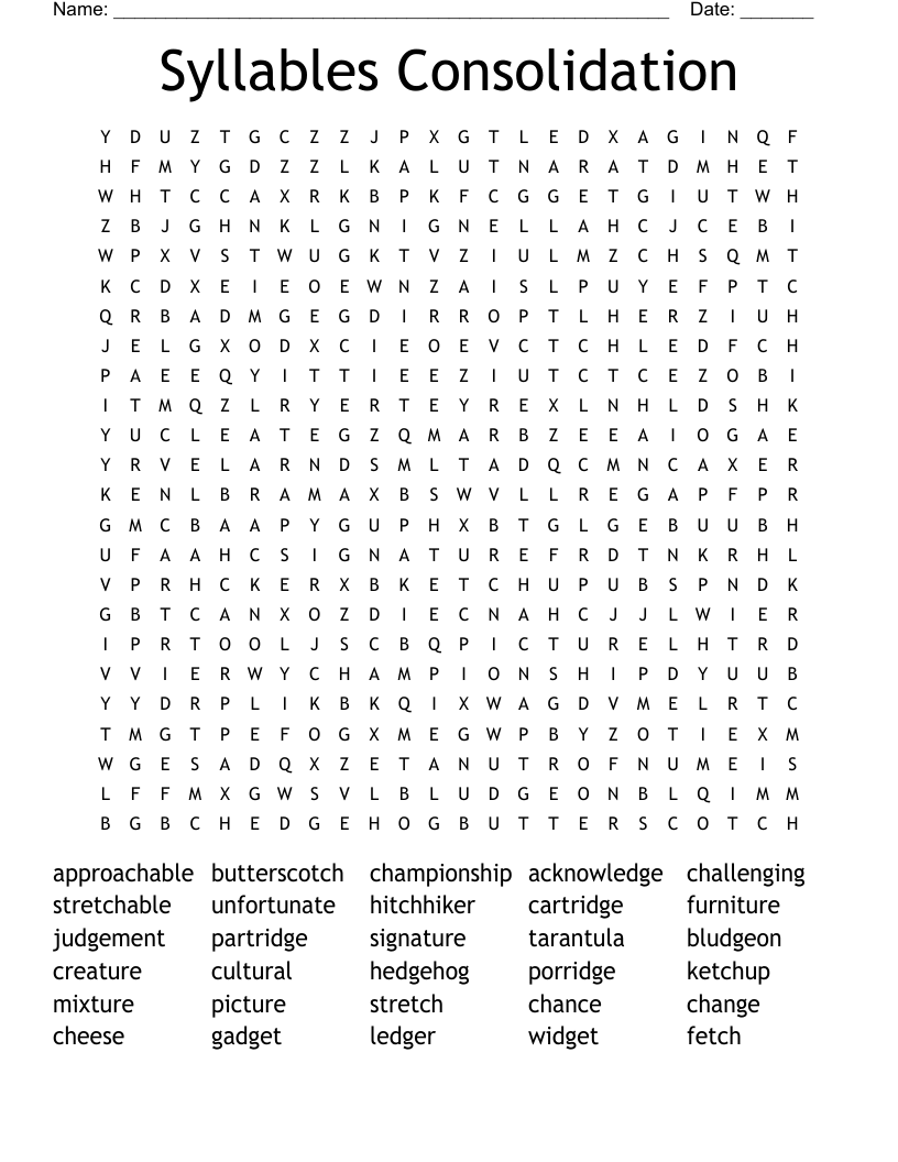 Syllables Consolidation Word Search