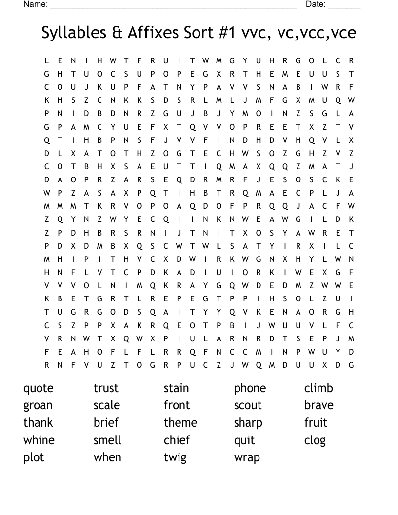 Syllables & Affixes Sort #1 vvc, vc,vcc,vce Word Search
