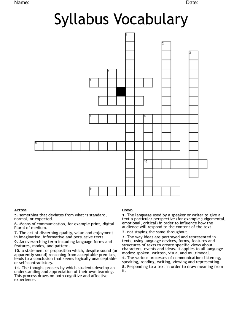 Syllabus Vocabulary Crossword