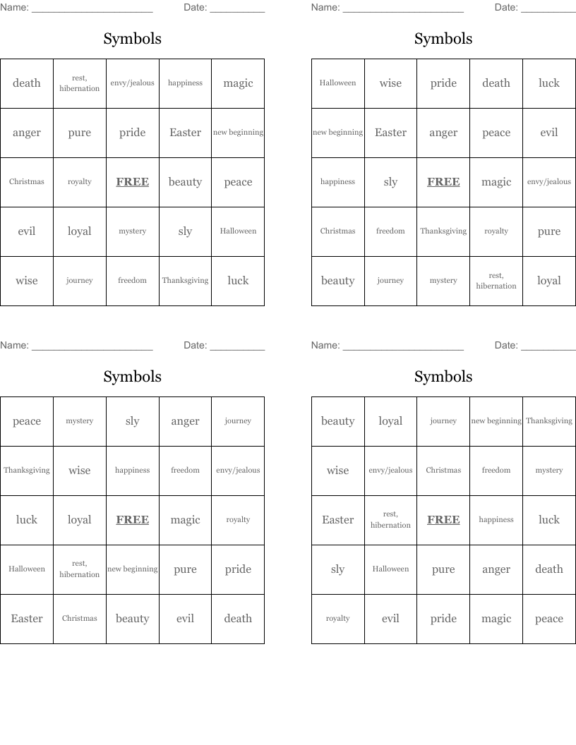 Symbols Bingo Cards