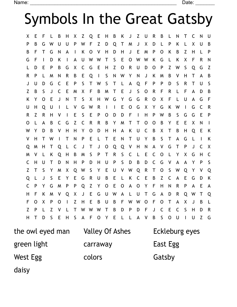 Symbols In the Great Gatsby Word Search