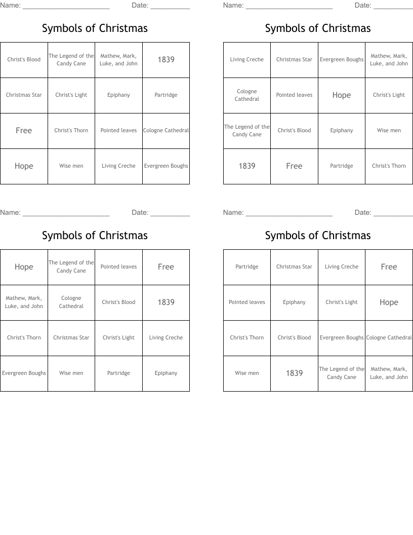 Symbols of Christmas Bingo Cards