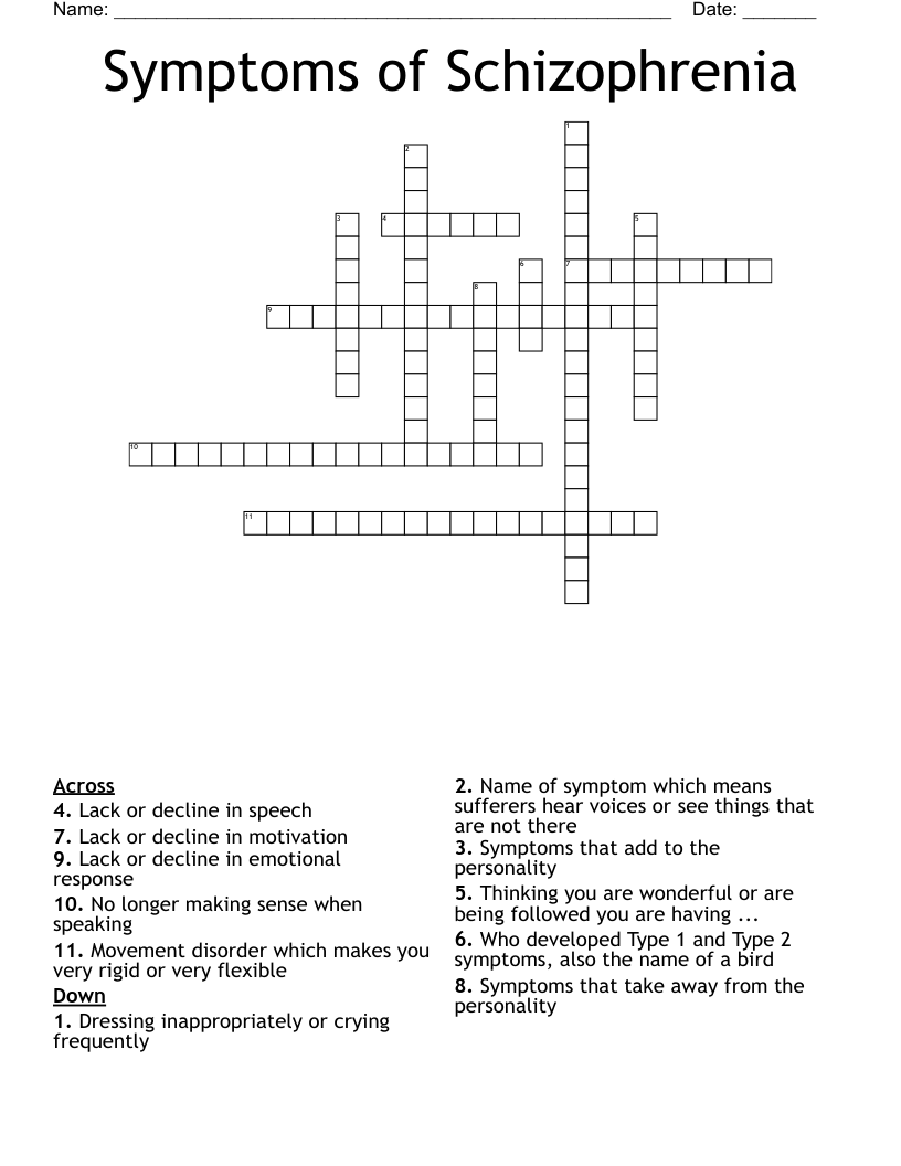 Symptoms of Schizophrenia Crossword