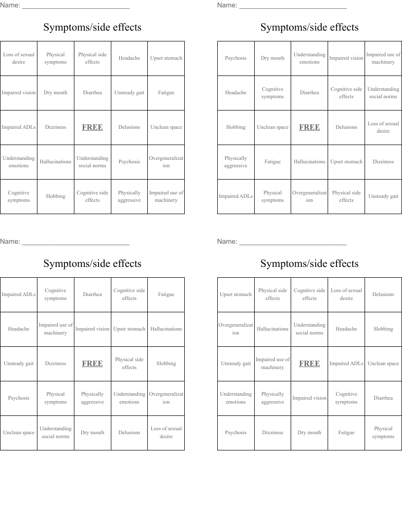 Symptoms/side effects Bingo Cards