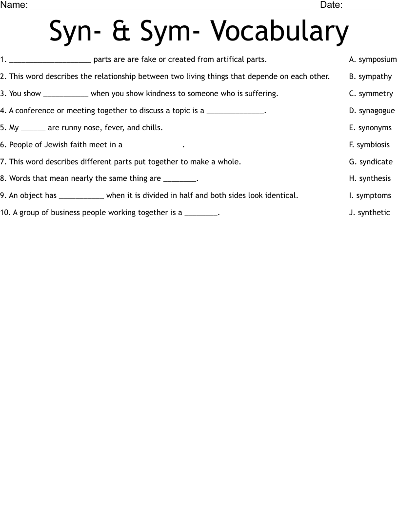 Syn- & Sym- Vocabulary Worksheet